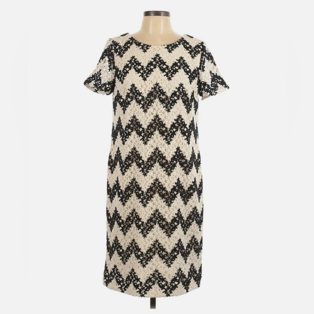 Talbots Black White Floral Lace Crochet Chevron Sheath Dress size 14